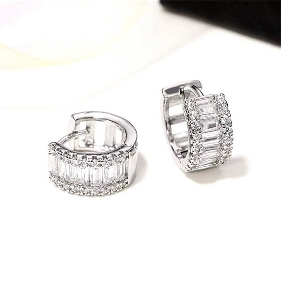 NEW Dainty Huggie Hoop Earrings 14K Gold Plated Cubic Zirconia Pave - Picture 8 of 9